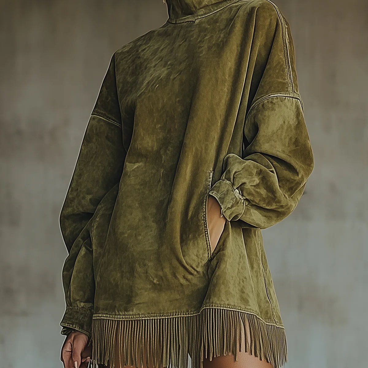 Faux Suede Turtleneck Dress With Fringe Hem