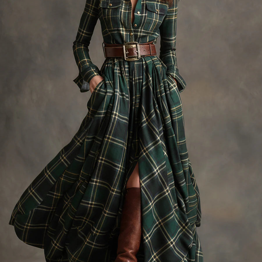 Retro lapel reddish brown plaid maxi dress