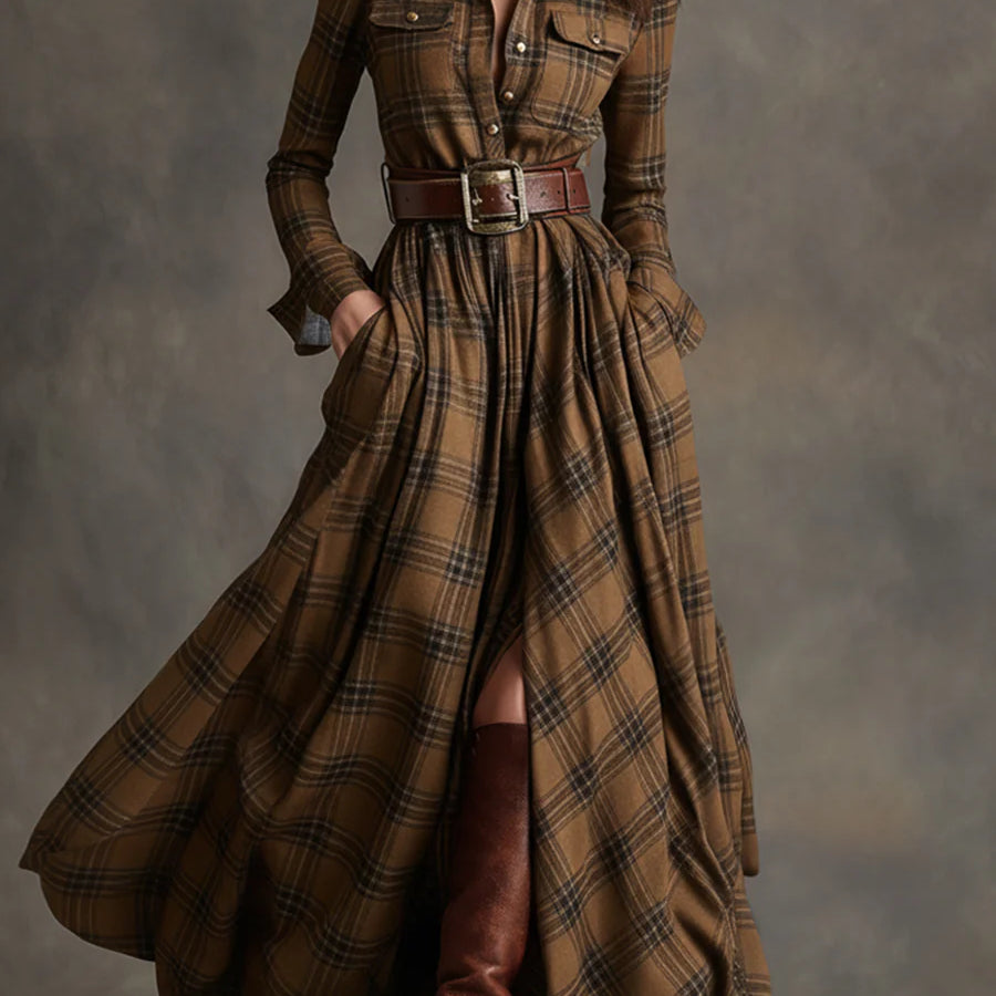 Retro lapel reddish brown plaid maxi dress