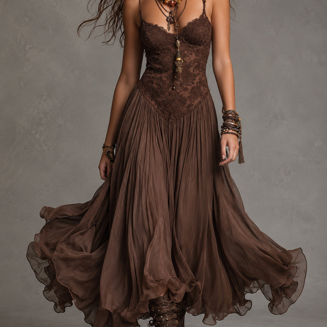 Dark Brown Lace-Paneled Chiffon Maxi Dress