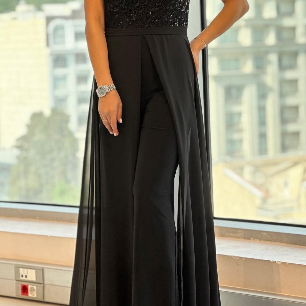 Crew-neck textured-panel tulle jumpsuit