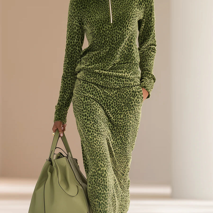 Retro Leopard Print Stand Collar Velvet Top + Skirt Set