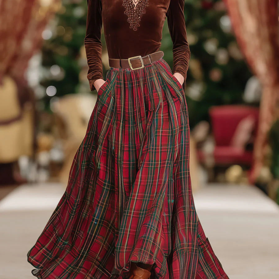 V-neck Lace Long-sleeved T-shirt And Red Plaid Skirt Set(Includes belt)