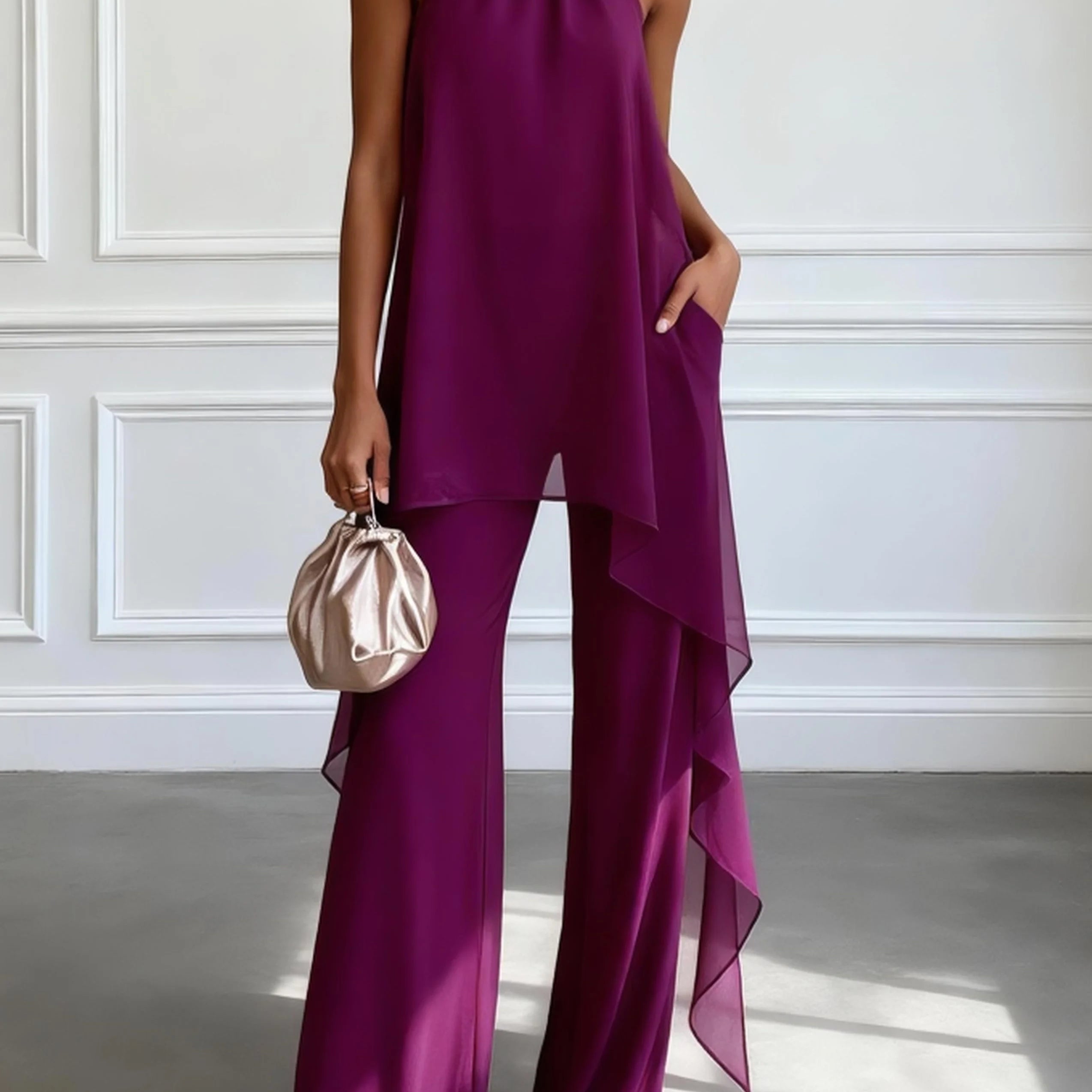 Purple Halter Sleeveless Elegant Top With Pants Two-Piece Set