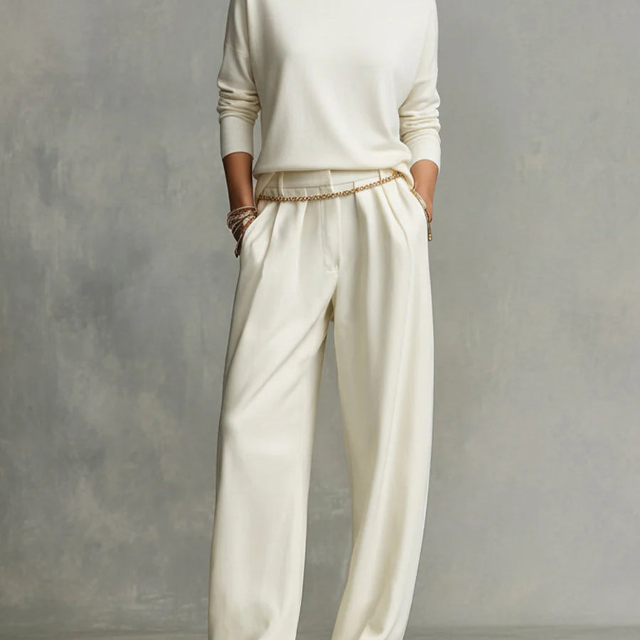 Soft turtleneck top and flowing wide-leg pants set (including waist chain)
