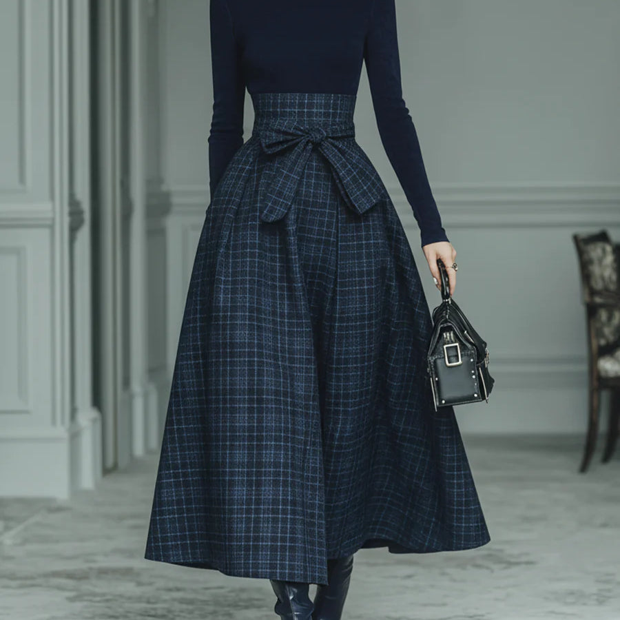Dark blue turtleneck stretch top and plaid skirt set