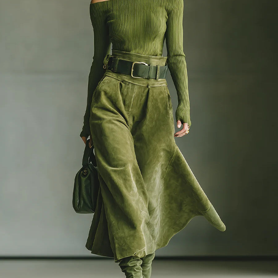 Olive green off-shoulder top and faux suede skirt set(Includes belt)