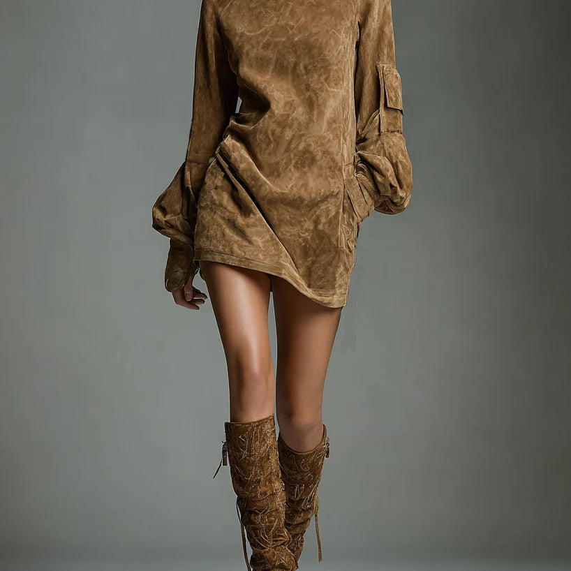 Vintage Loose Suede Turtleneck Mini Dress