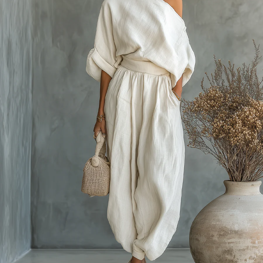 Off-white Linen Off-shoulder Loose Casual Top And Tapered Pants Set