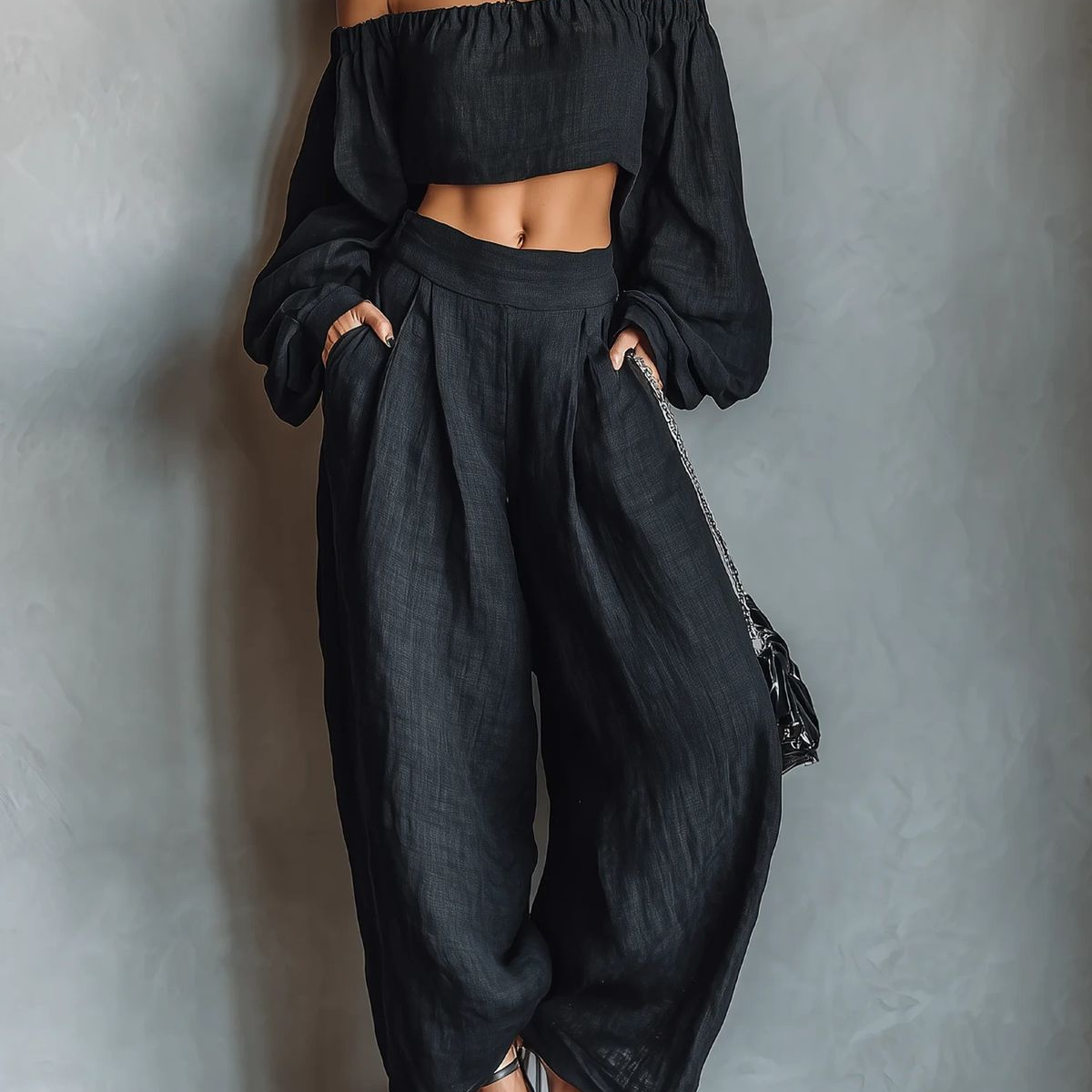 Black Off-the-shoulder Long-sleeved Top And Wide-leg Pants Set