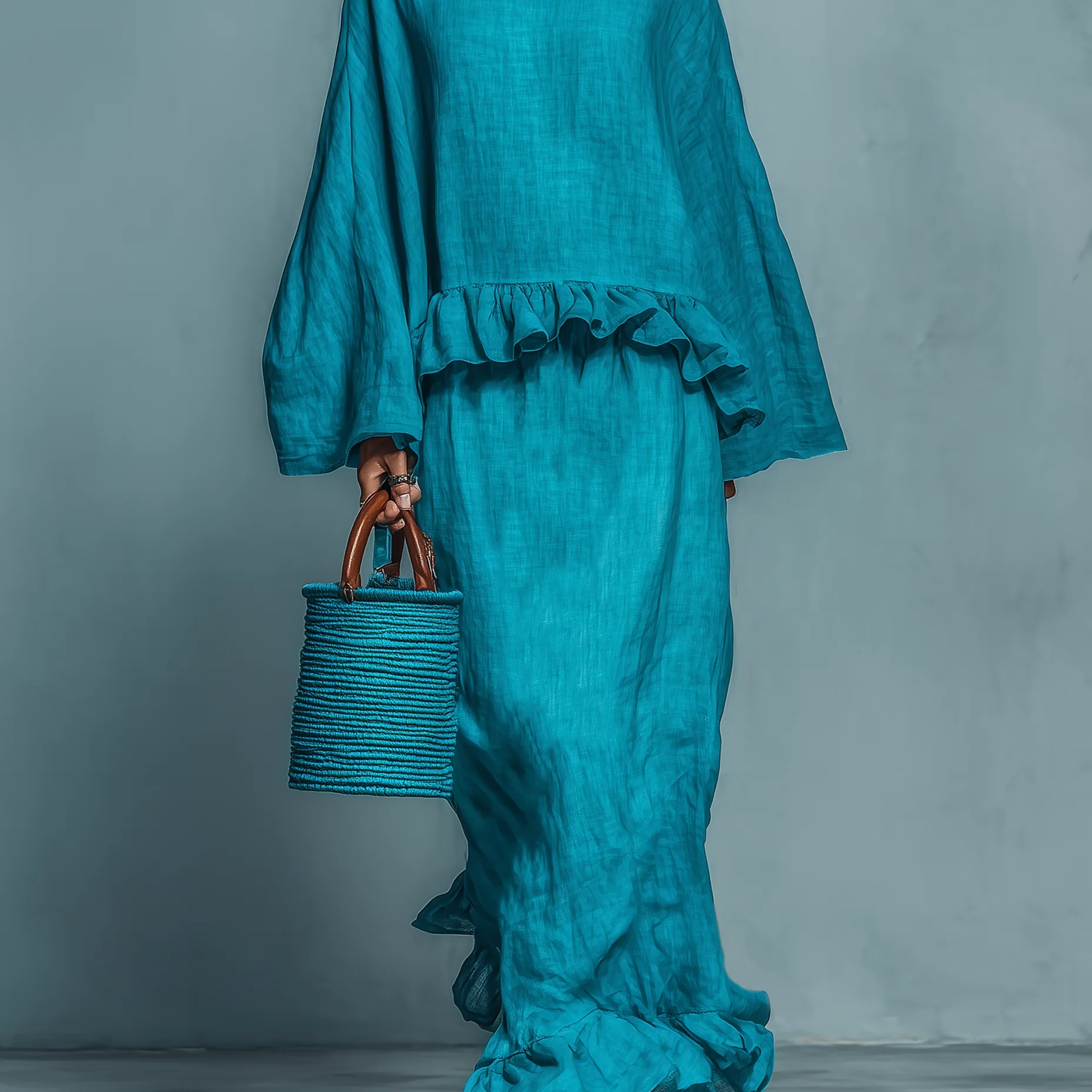 Blue Ruffled Blouse And Straight Skirt Suit