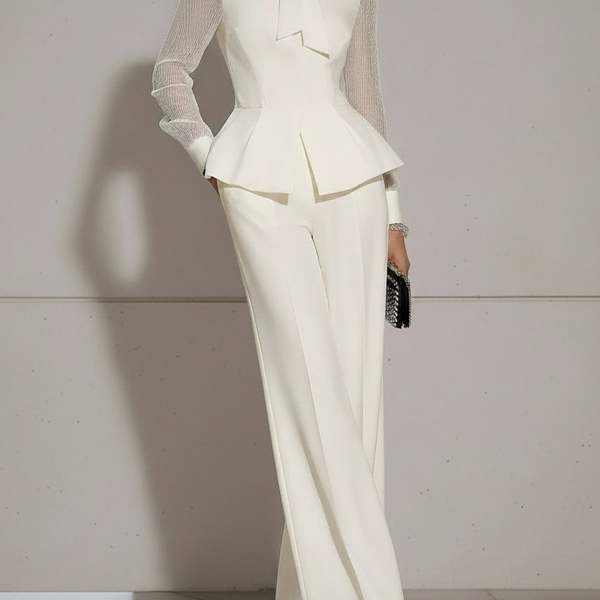 Cream Blouse With Bow And Wide-Leg Pants Set