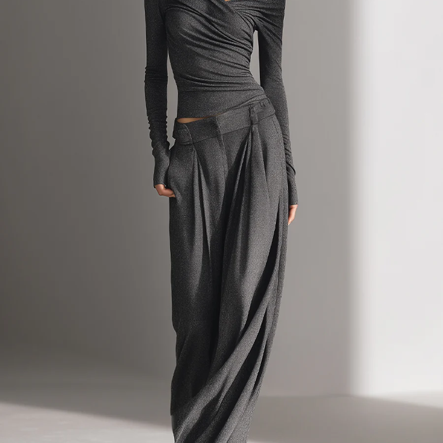 Charcoal Gray Off-shoulder Top And Wide-leg Pants Set