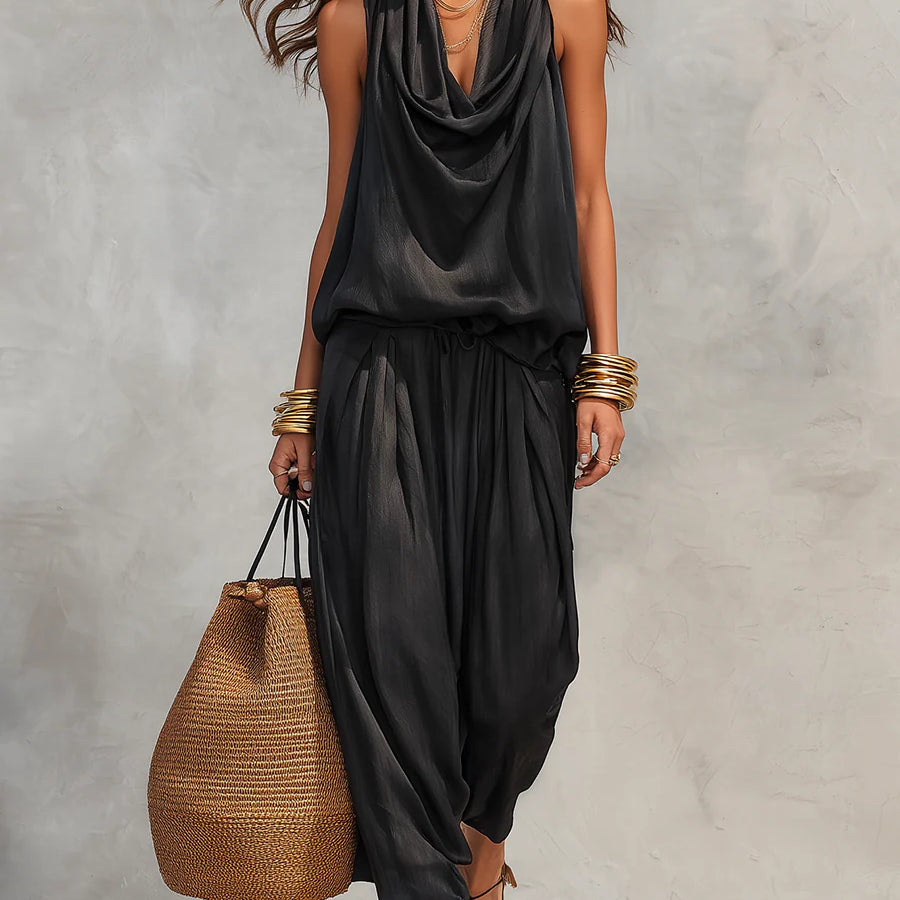 Black Halter Neck Sleeveless Top And Pleated Trousers Set