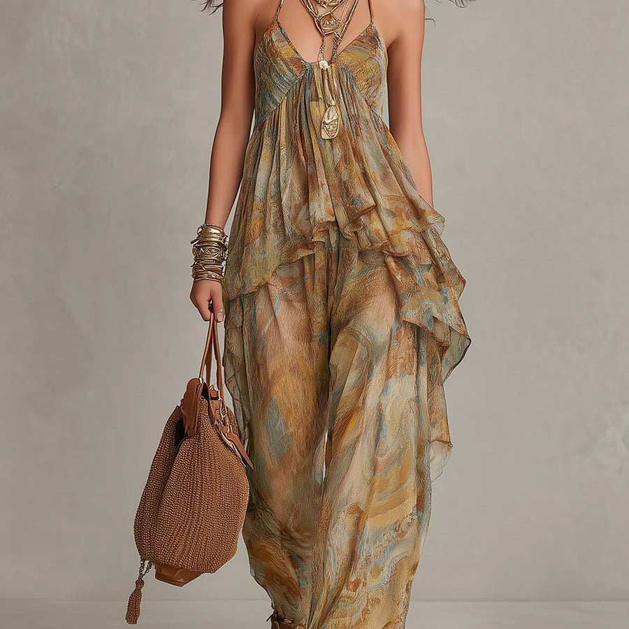 Khaki Printed Chiffon Ruffled Camisole And Wide-leg Pants Set
