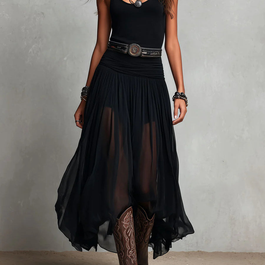Black Sleeveless Tank Top With Tulle Skirt Maxi Dress(with belt)