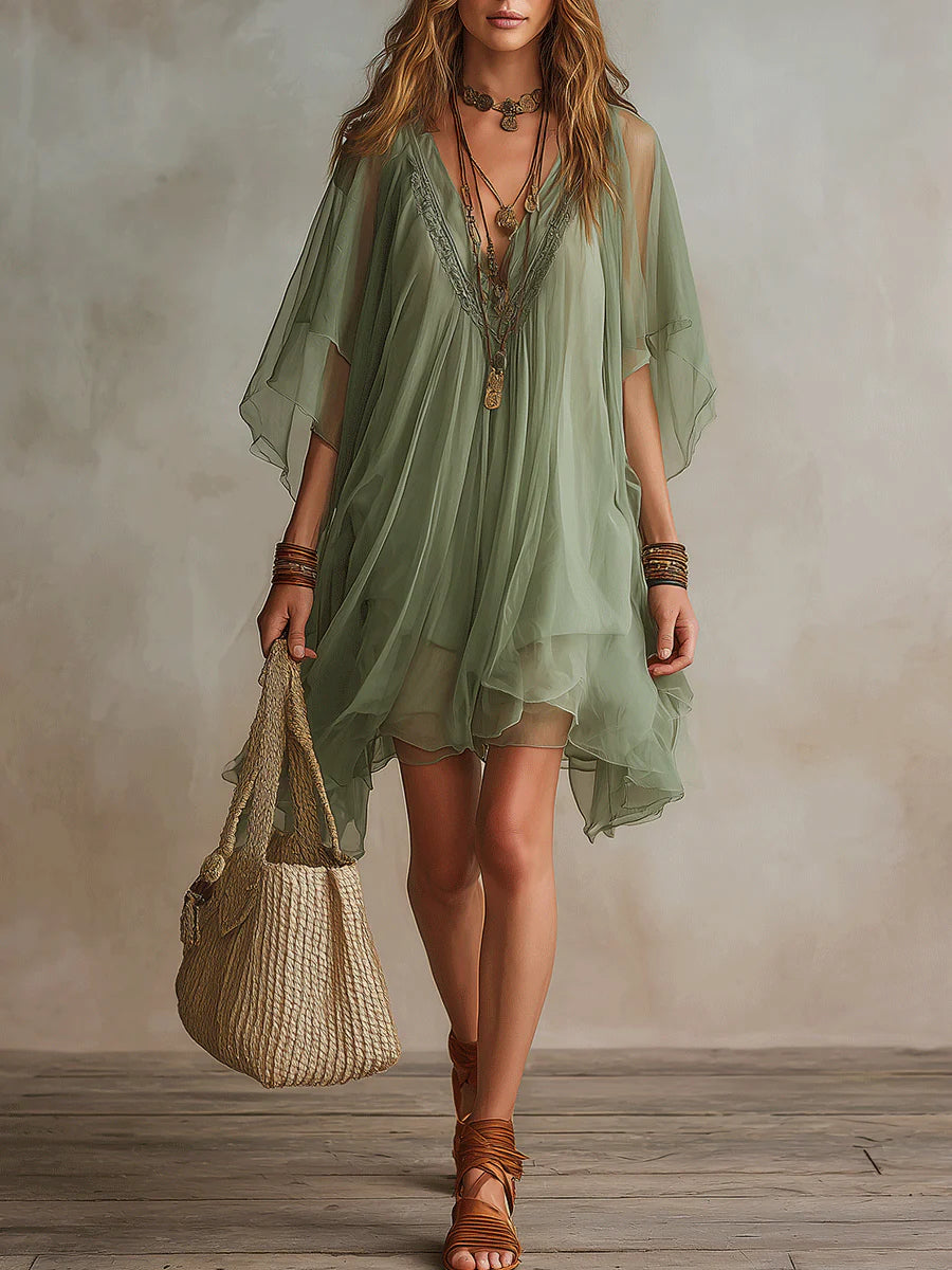 Green Chiffon V-neck Layered Flowy Mini Dress – LAVECHIC