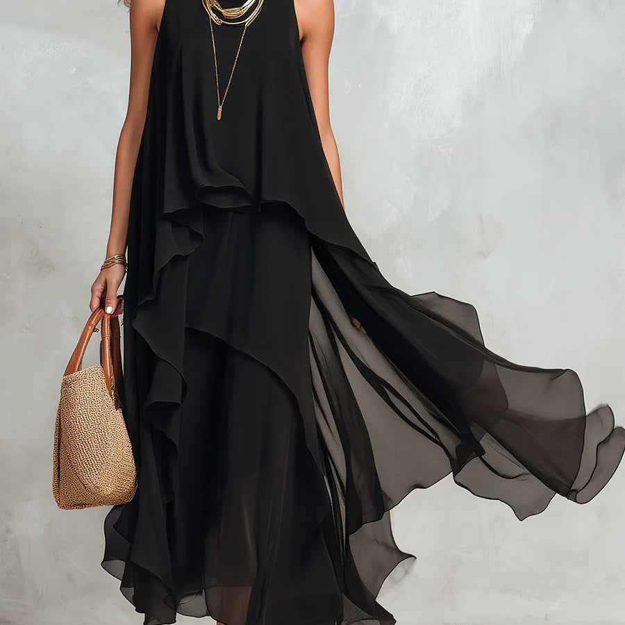 Black Chiffon Layered Round Neck Sleeveless Maxi Dress