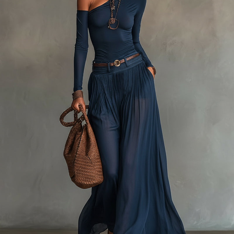 Navy Blue One-shoulder Top And Sheer Tulle Skirt Two-piece Set(with belt)