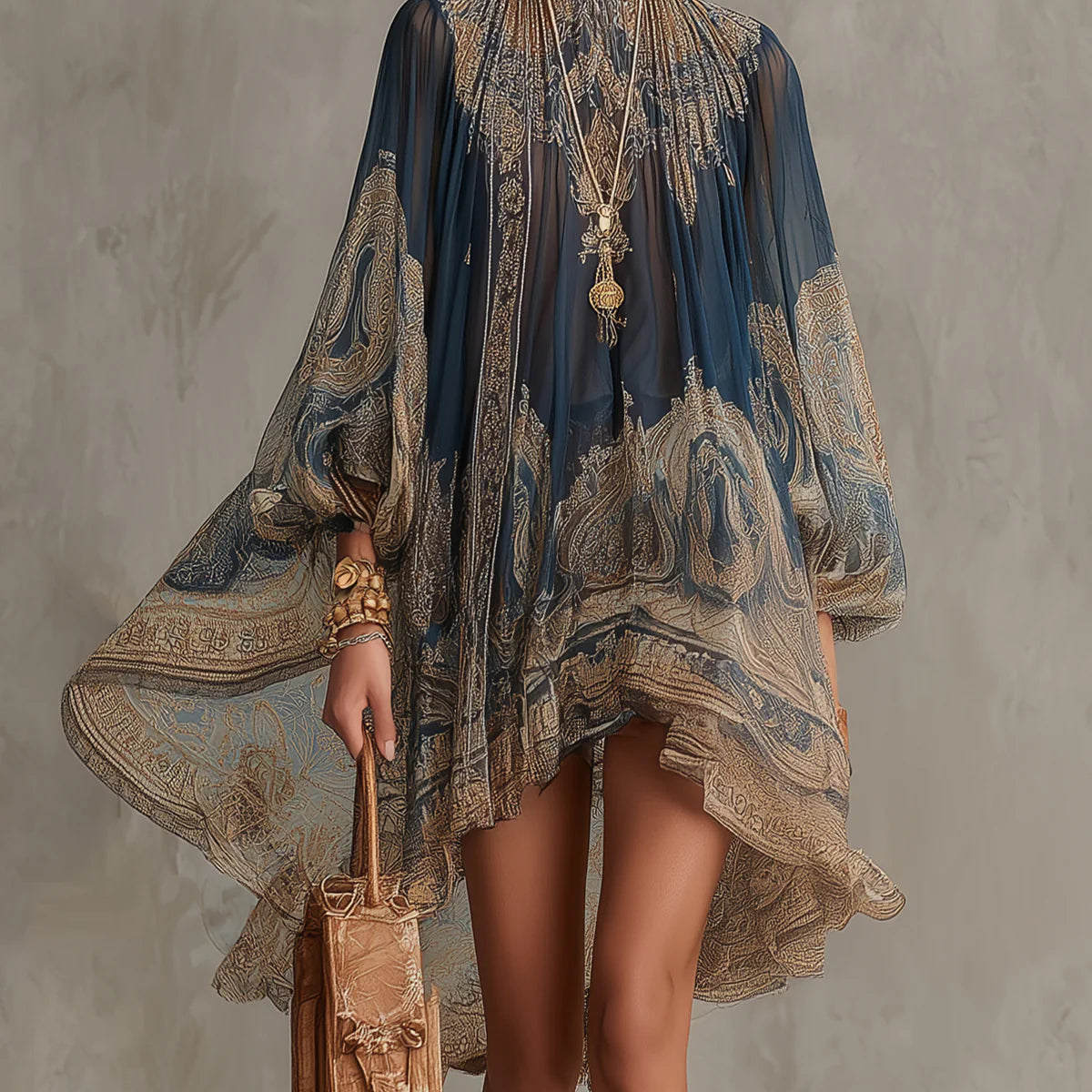 Navy Blue Baroque Print High-neck Irregular Chiffon Mini Dress