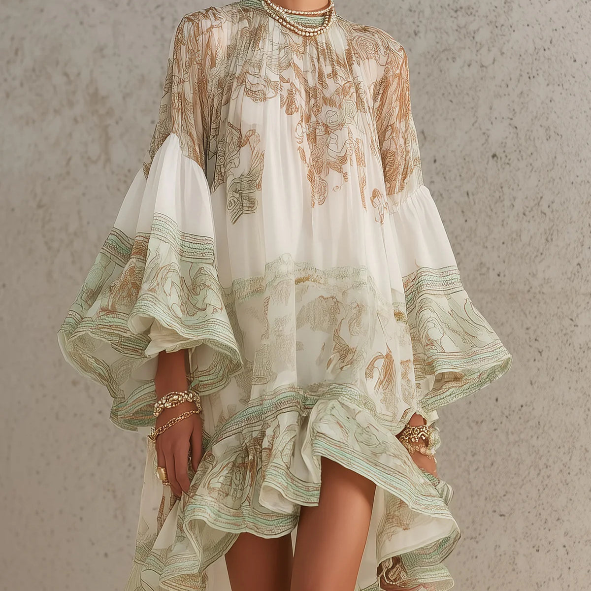 Green Print Ruffle Hem Flounce Sleeve Chiffon Mini Dress