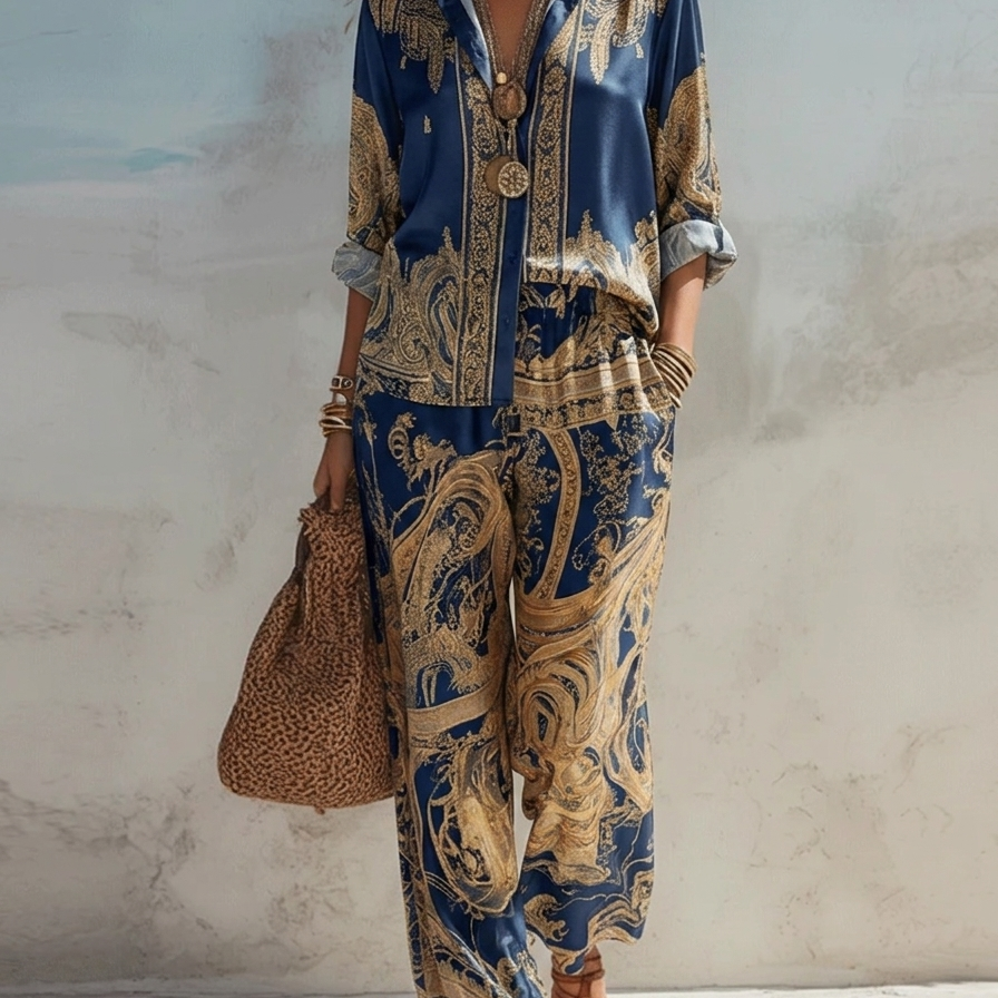 Navy Baroque Print Shirt And Wide-leg Pants Two-piece Set