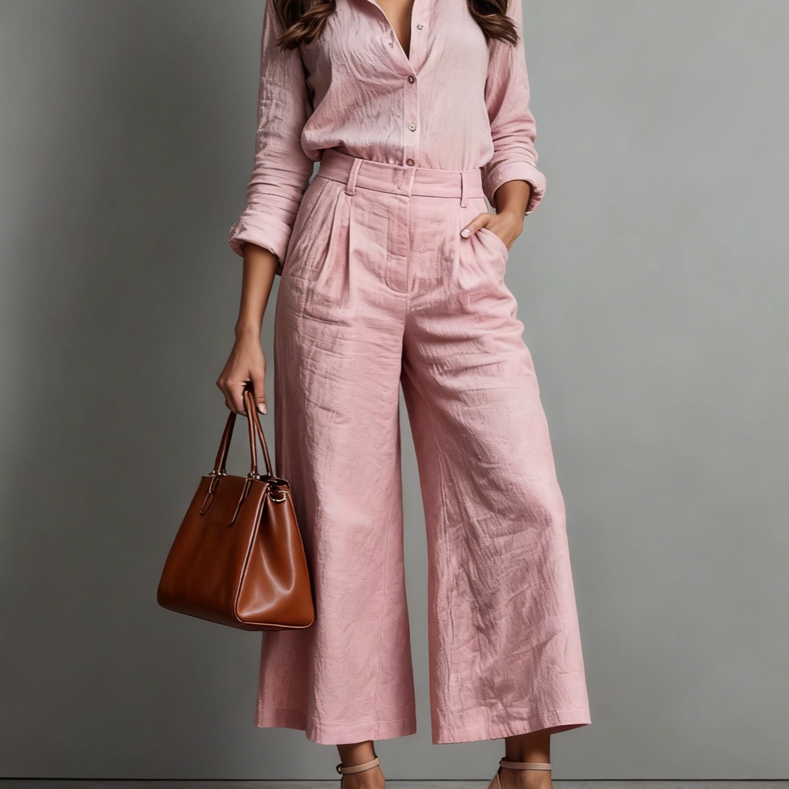 Pink Capri Pants and Loose Shirt Linen Set