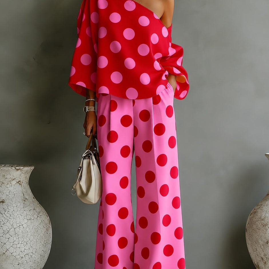 Retro Pink Polka Dot Off-shoulder Top And Wide-leg Pants Two-piece Set