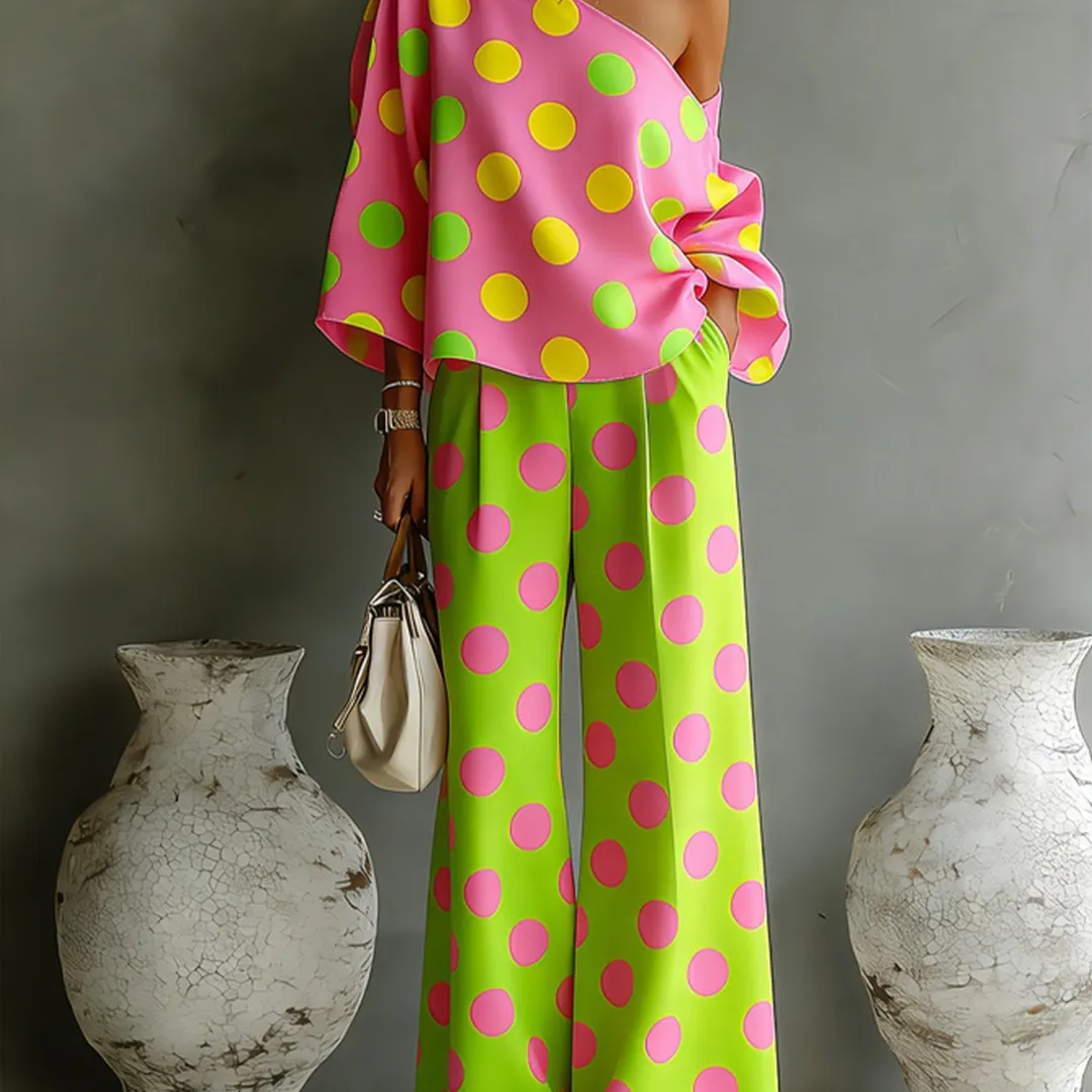 Colorful Polka Dot off-shoulder Top And Wide-leg Pants Two-piece Set