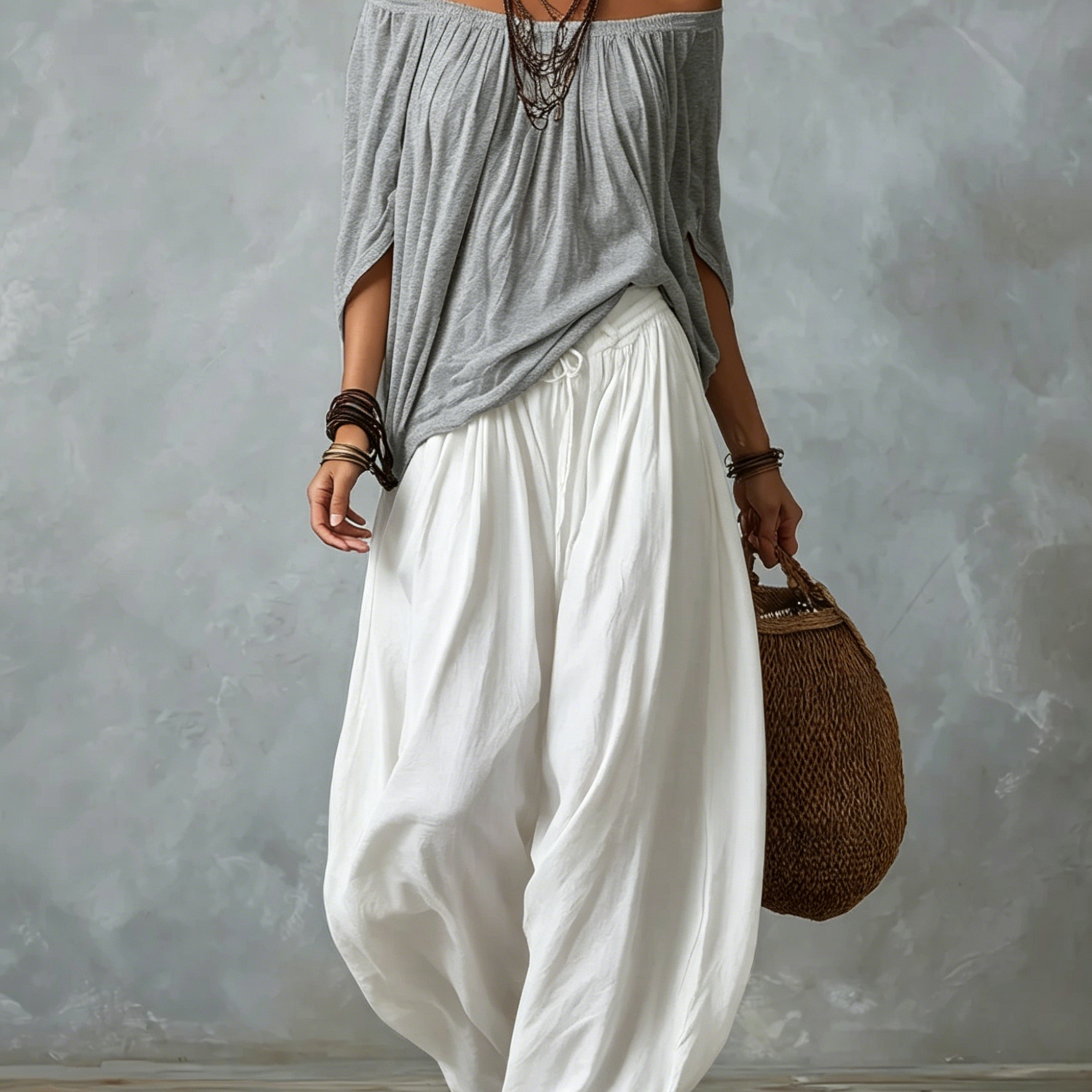 Grey Off-shoulder Top And White Loose-fitting Lantern Pants Suit