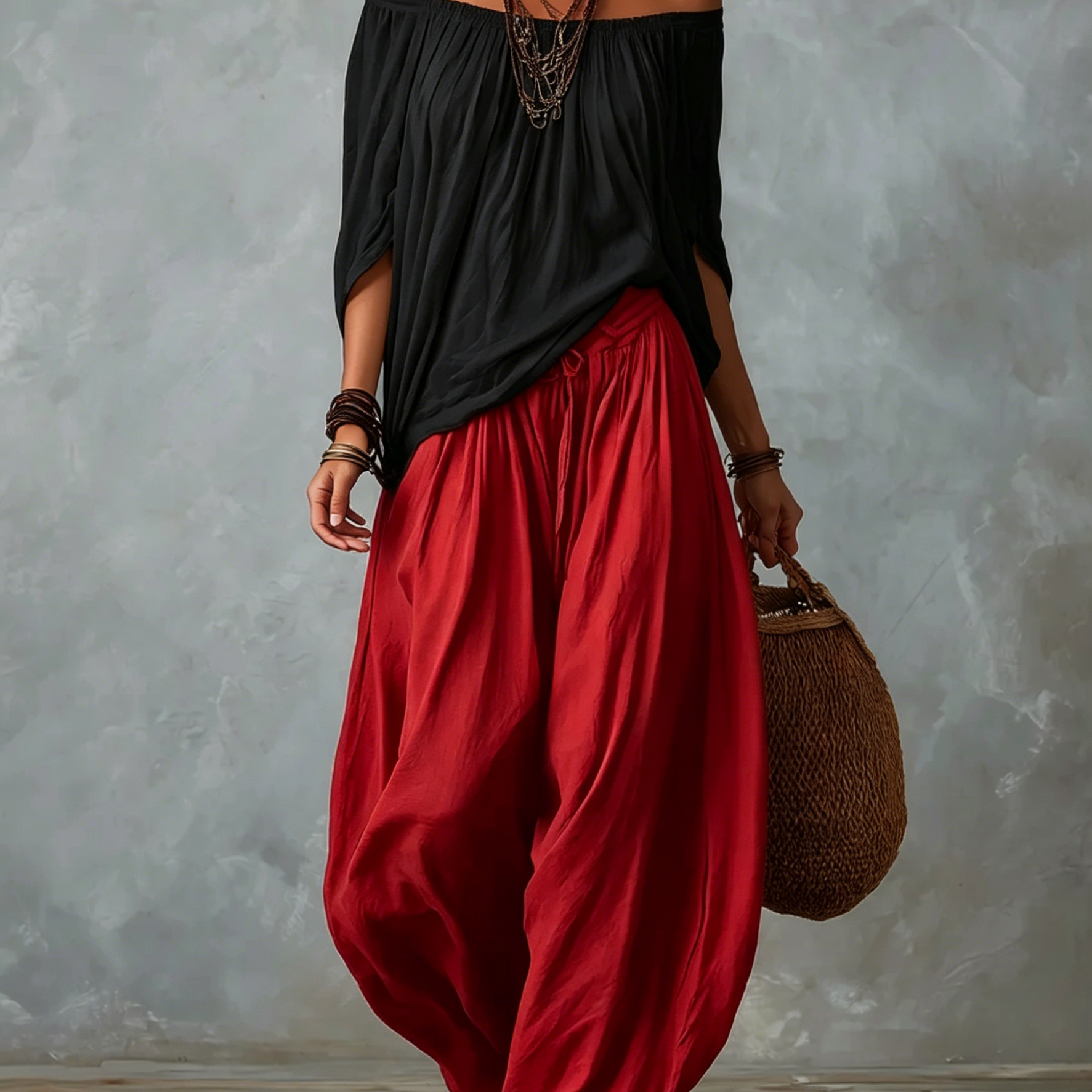 Black Off-shoulder Top And Red Loose-fitting Lantern Pants Suit