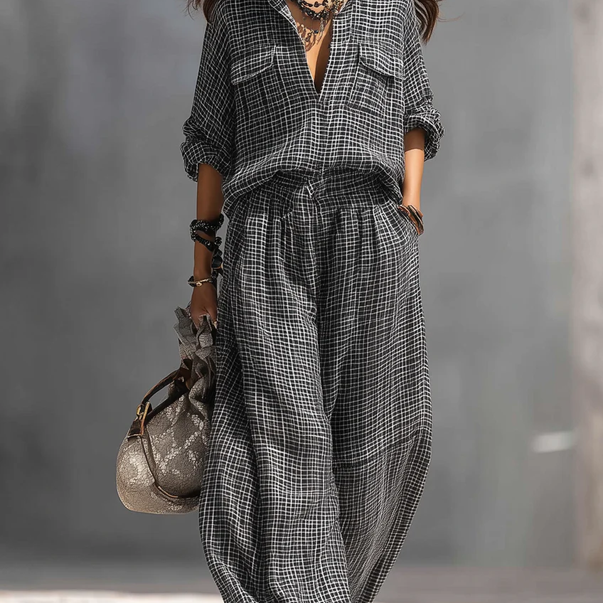 Black And White Checkered Shirt And Wide-leg Lantern Pants Suit