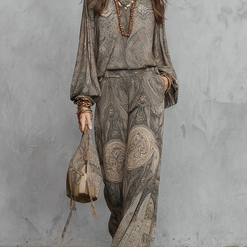 Grey Paisley Patterned Lantern Sleeve Top And Wide-leg Trousers Suit