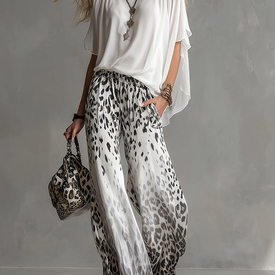 Flowy White T-shirt And Leopard Print Chiffon Pants Set