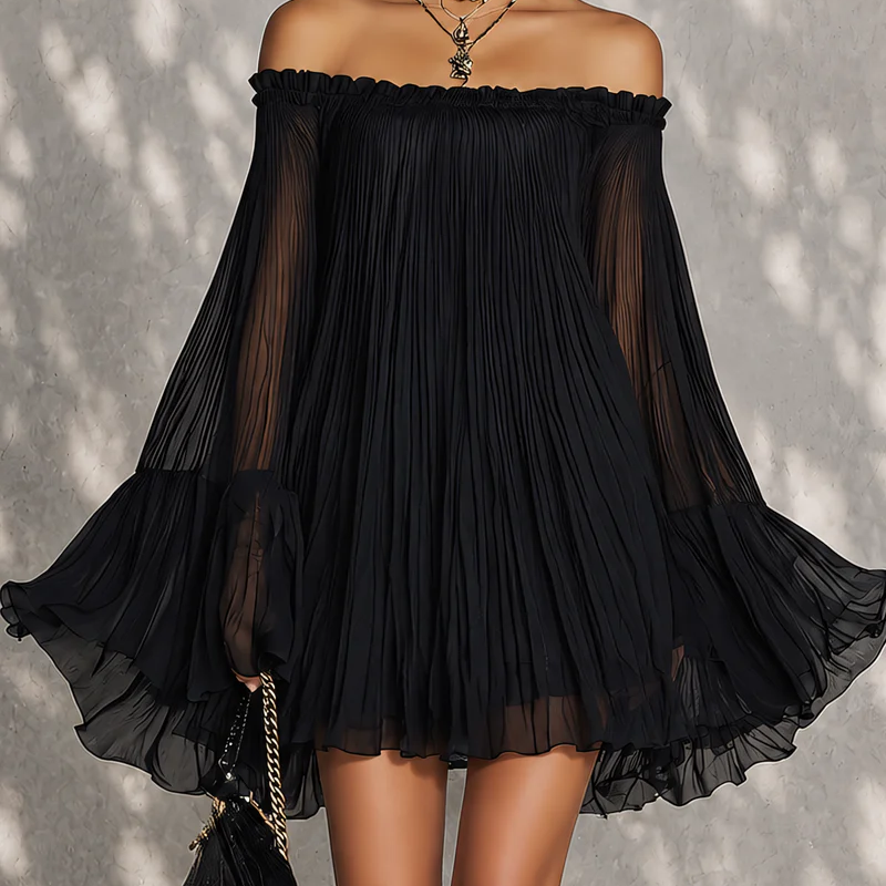 Black Off-shoulder Ruffled Bell Sleeve Mini Dress