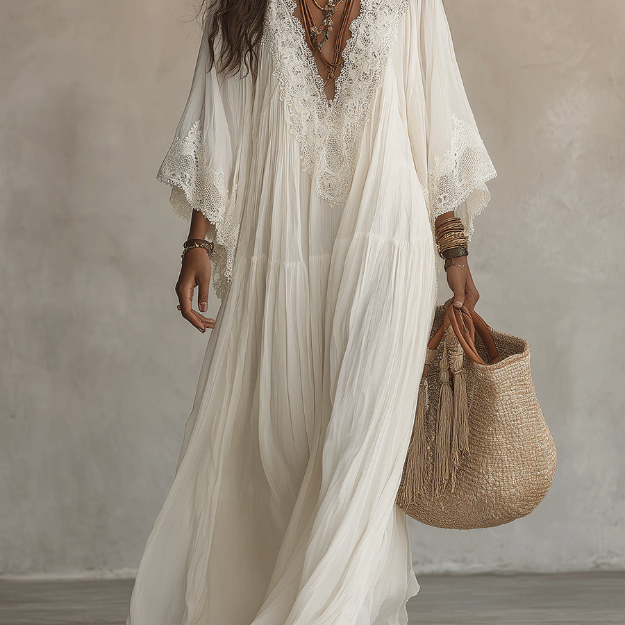 White Lace V-neck Batwing Sleeve Chiffon Maxi Dress