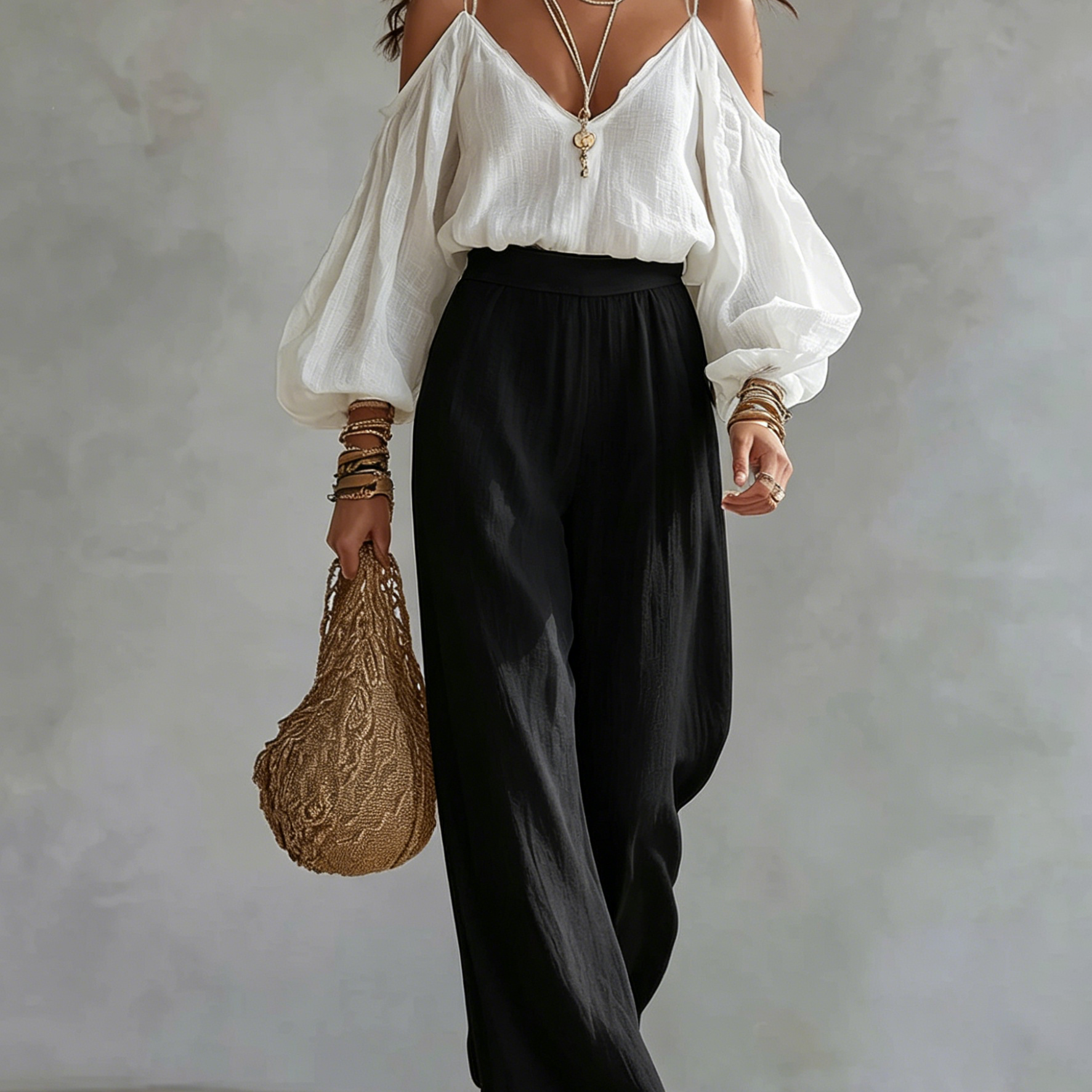 White Off-the-shoulder Tank Top And Black Wide-leg Pants Suit