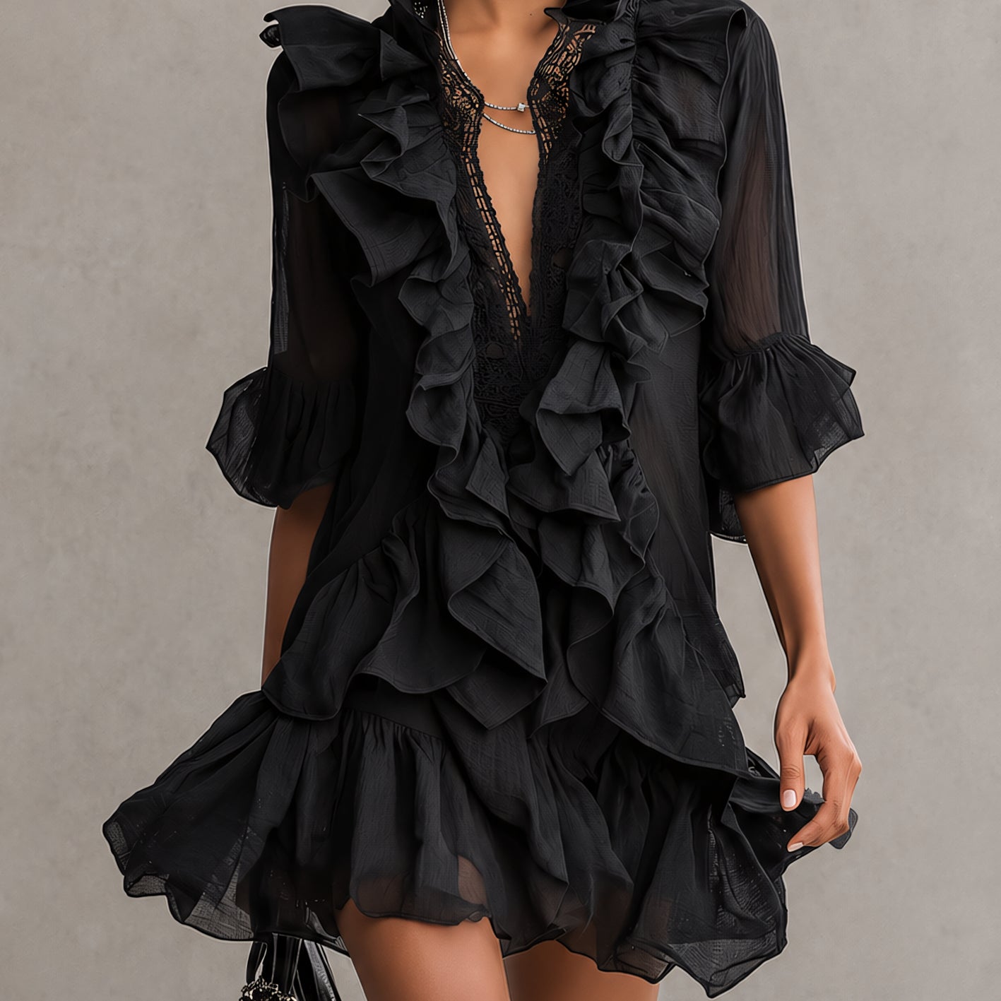 Black Ruffled Chiffon Lace Mini Dress