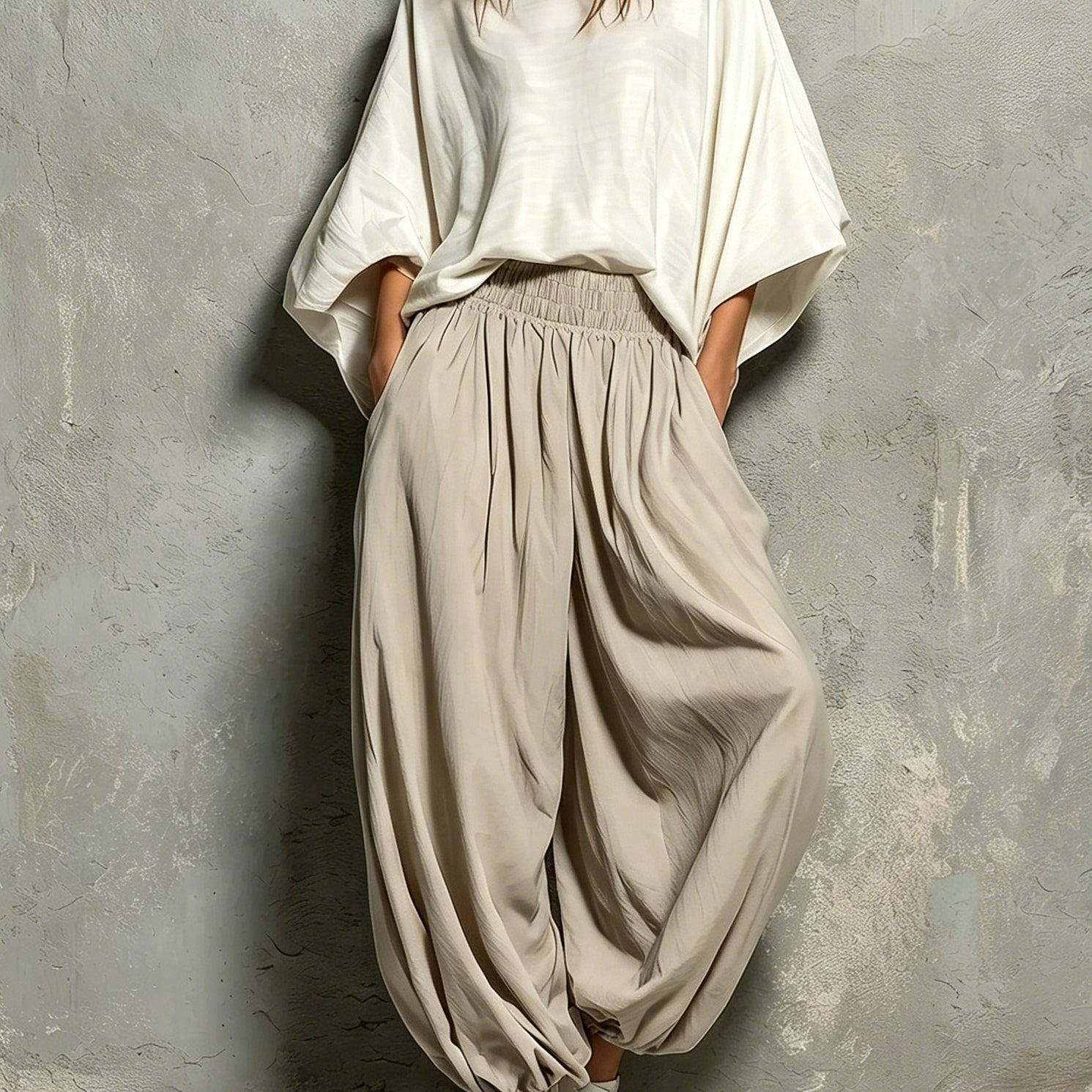White Batwing Wide-sleeved Top And Light Khaki Harem Pants Suit
