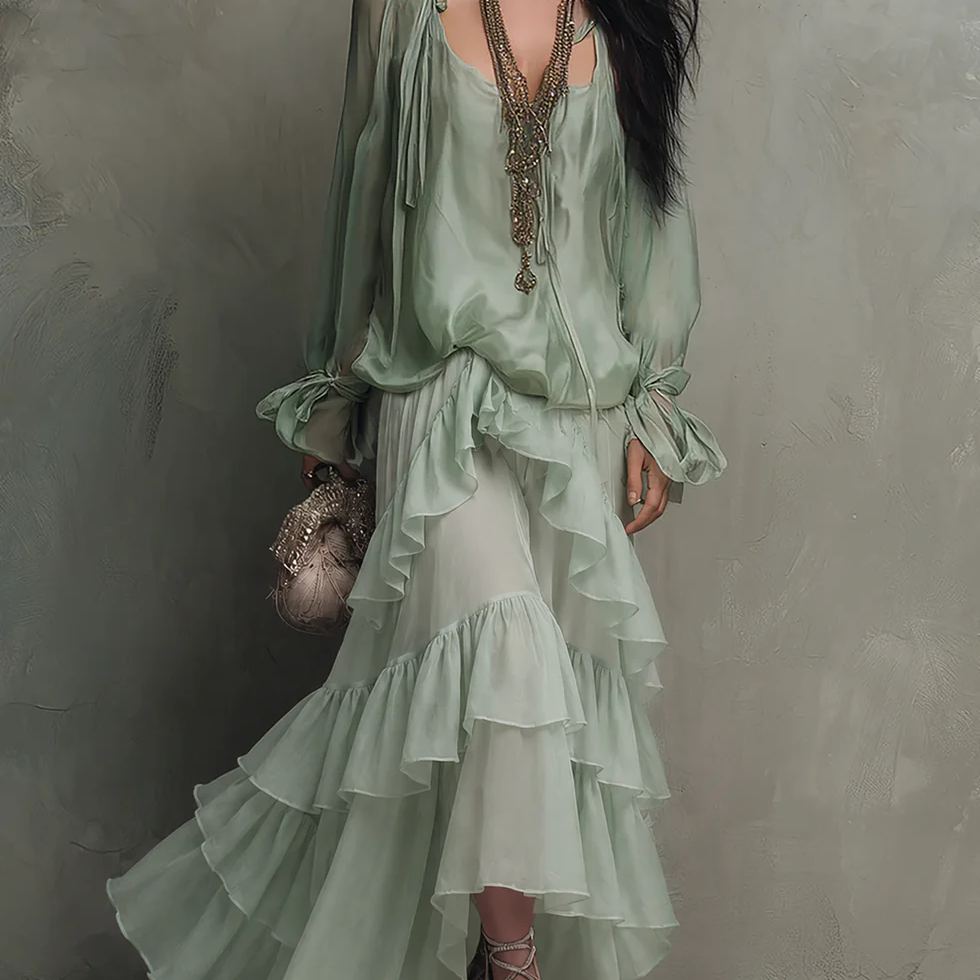 Mint Green Chiffon Ruffled Top Paired With A Layered Skirt Set