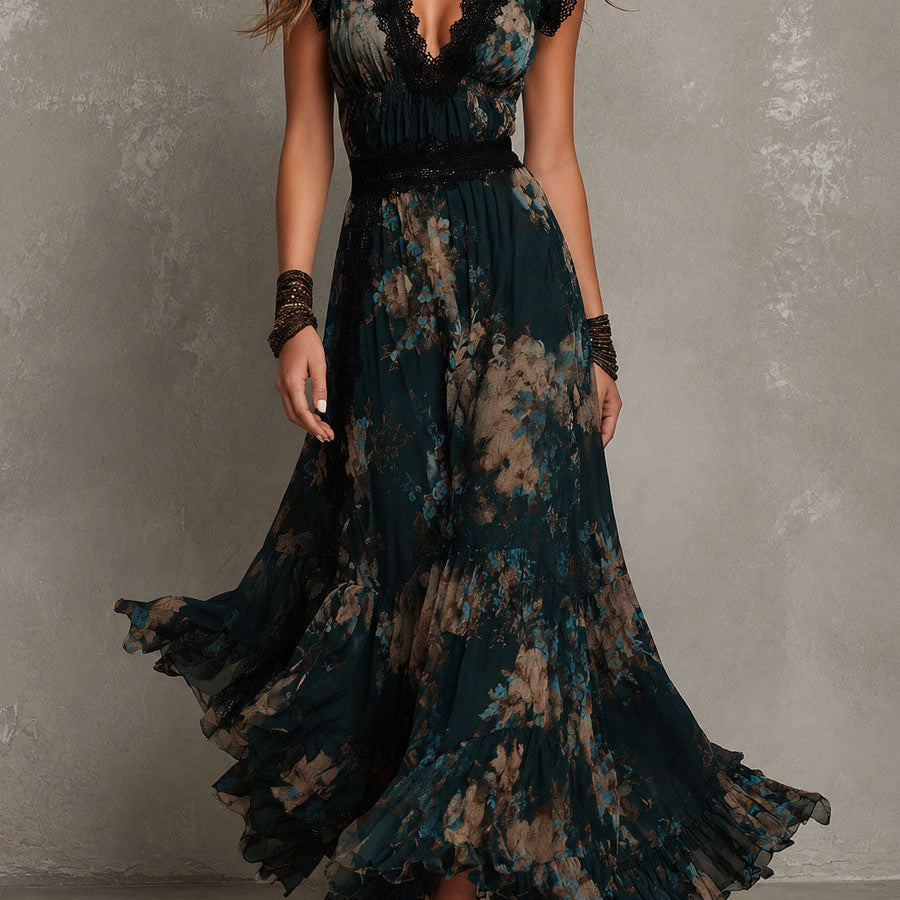 Vintage Dark Green Floral Lace-trimmed Chiffon maxi Dress