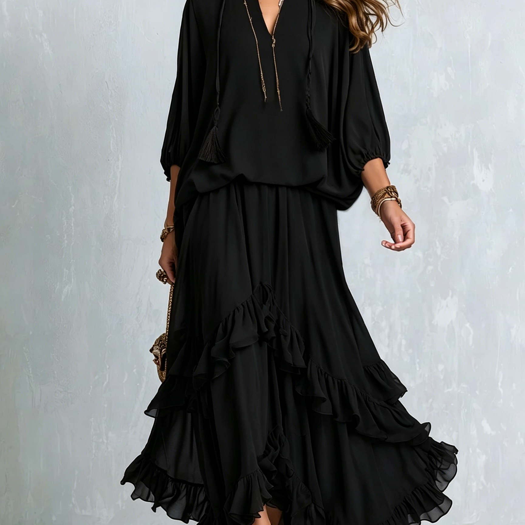 Black Chiffon Tassel Drawstring V-neck Top Paired With A Ruffled Layered Skirt Set