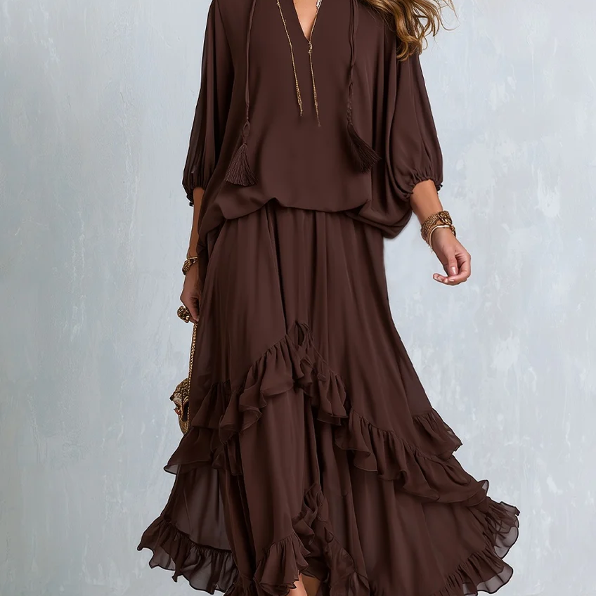 Brown Chiffon Tassel Drawstring V-neck Top Paired With A Ruffled Layered Skirt Set