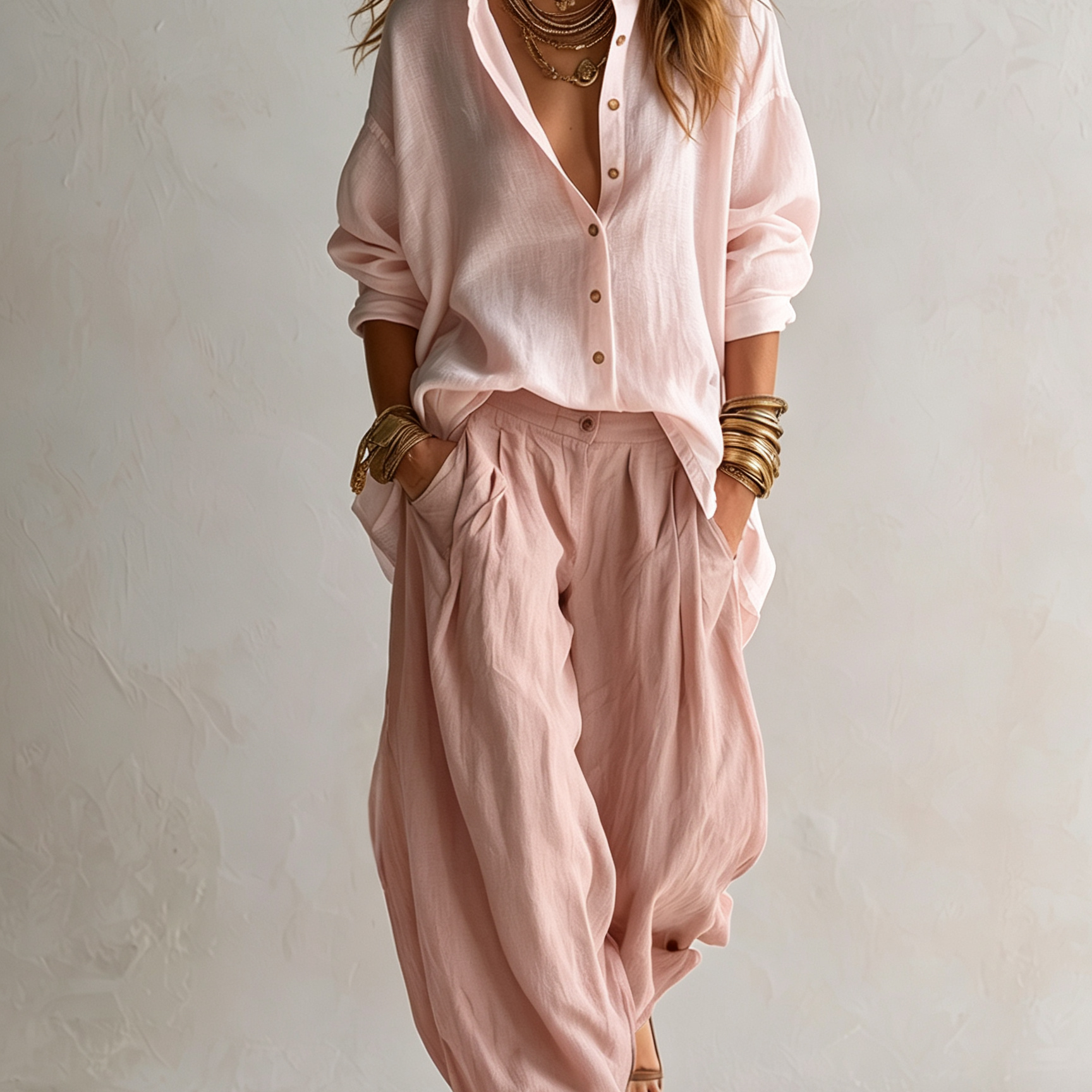 White Loose Shirt And Green Wide-leg Lantern Pants Suit