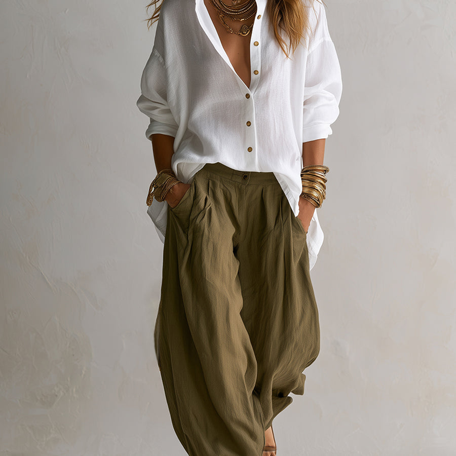 White Loose Shirt And Green Wide-leg Lantern Pants Suit