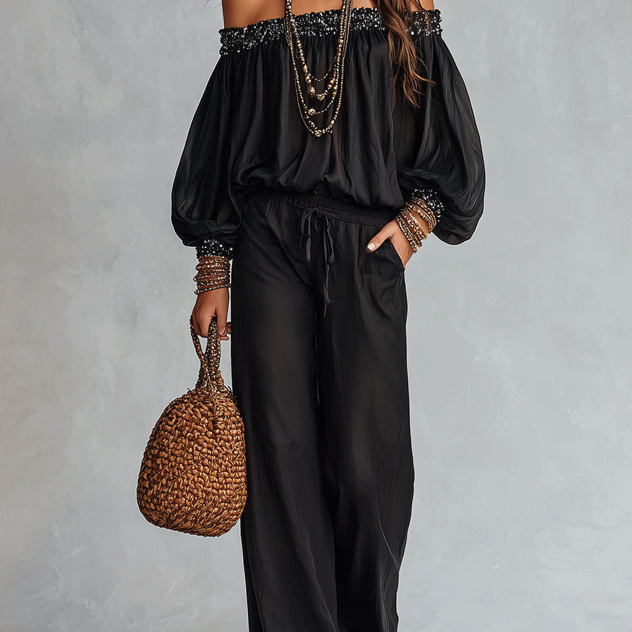 Black Off-the-shoulder Sequined Top Paired With Drawstring Wide-leg Pants Set