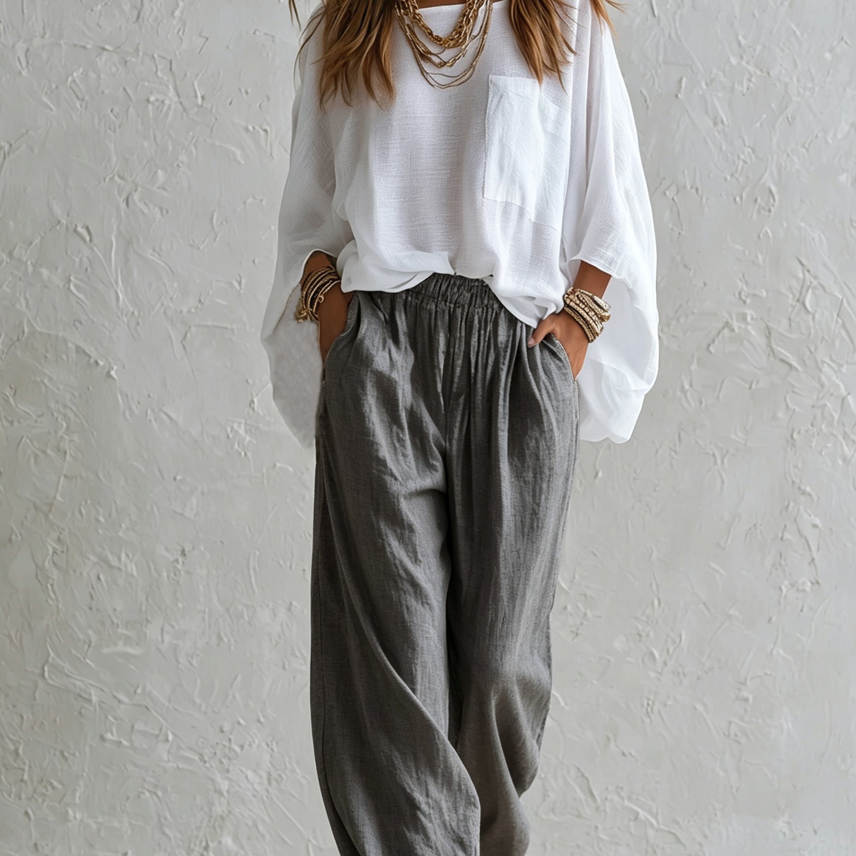 White Loose Top And Gray Elastic Waist Wide-leg Pants Suit