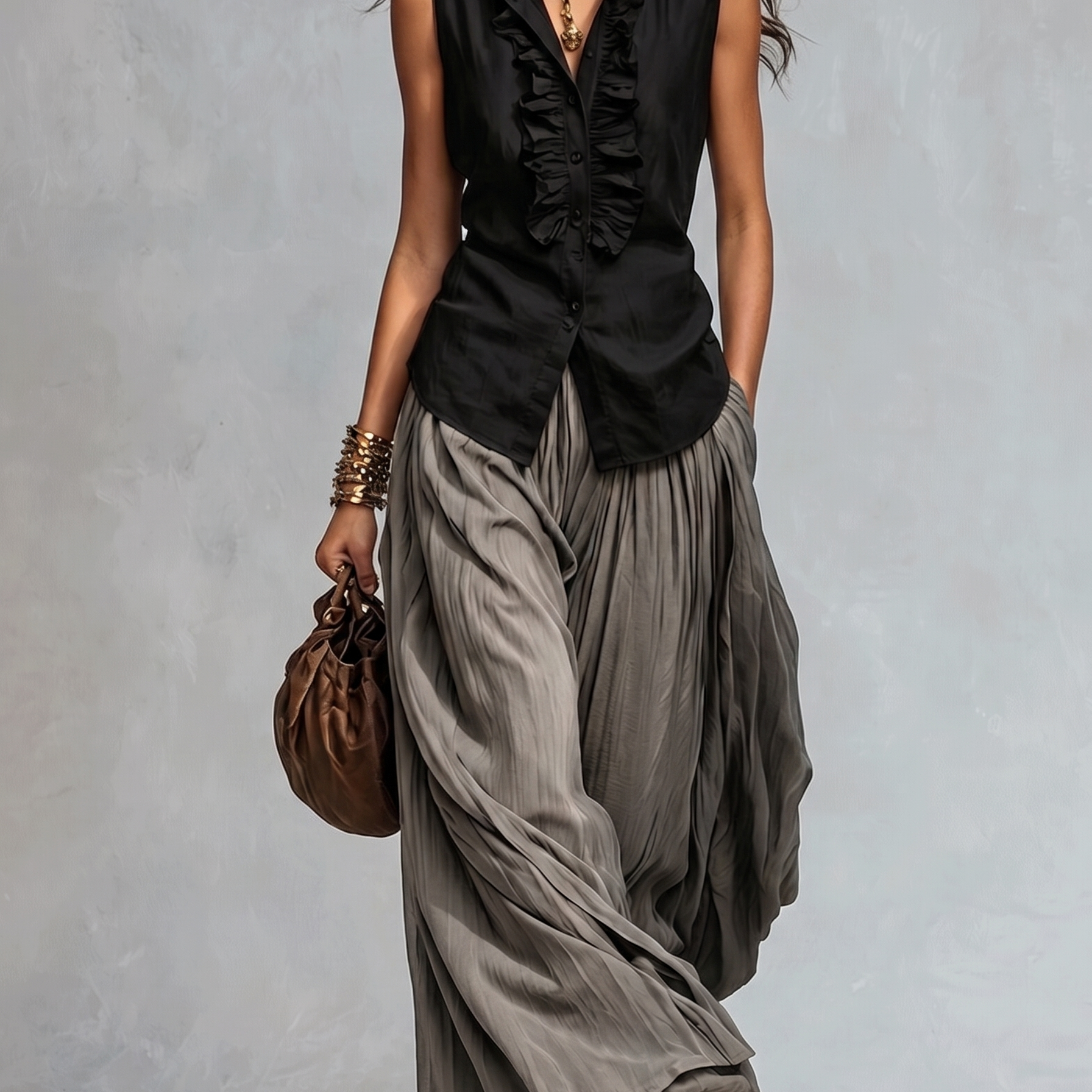 Black Sleeveless Ruffled Blouse And Gray Wide-leg Pants Suit