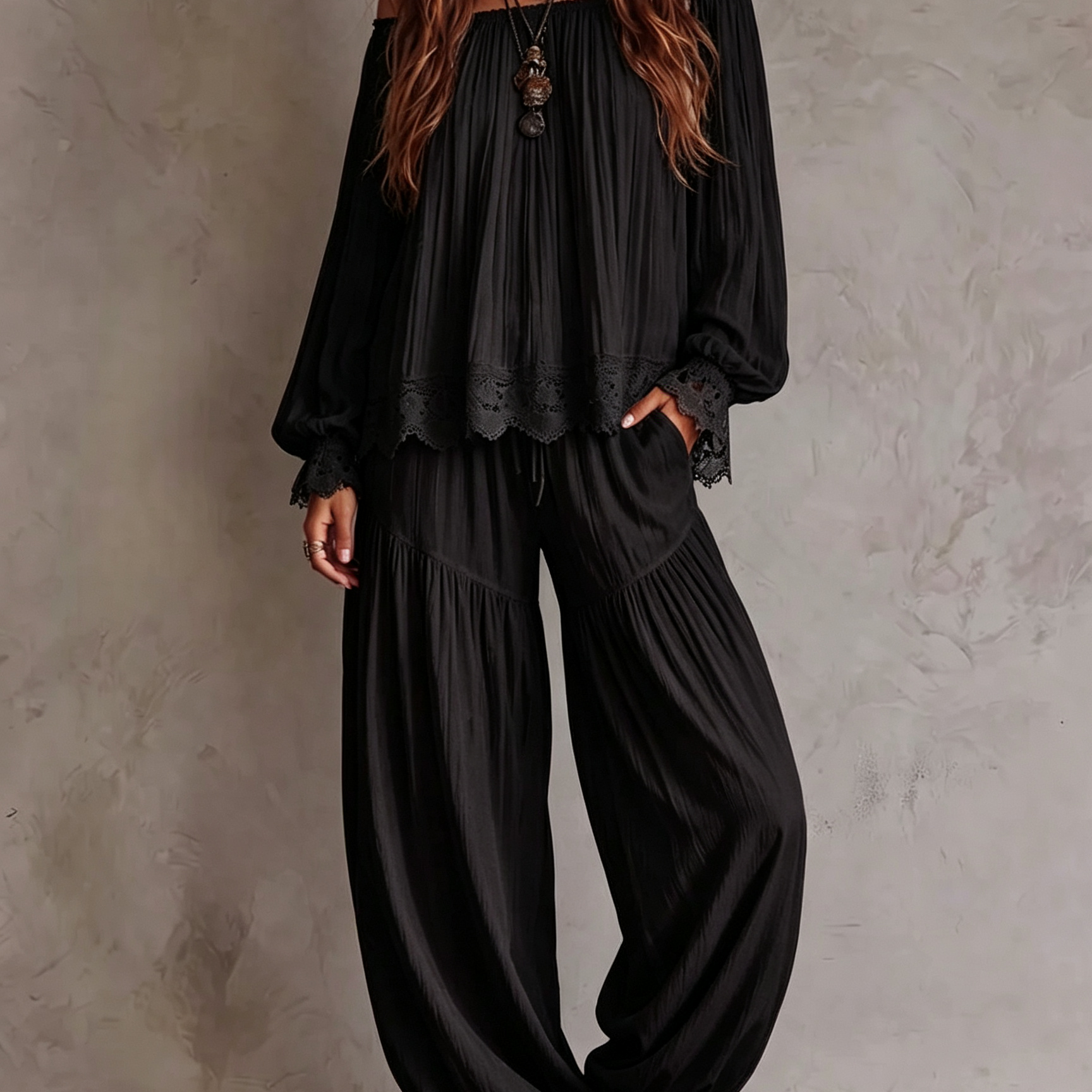 Black Off-shoulder Lace-trimmed Top And Harem Pants Two-piece Set