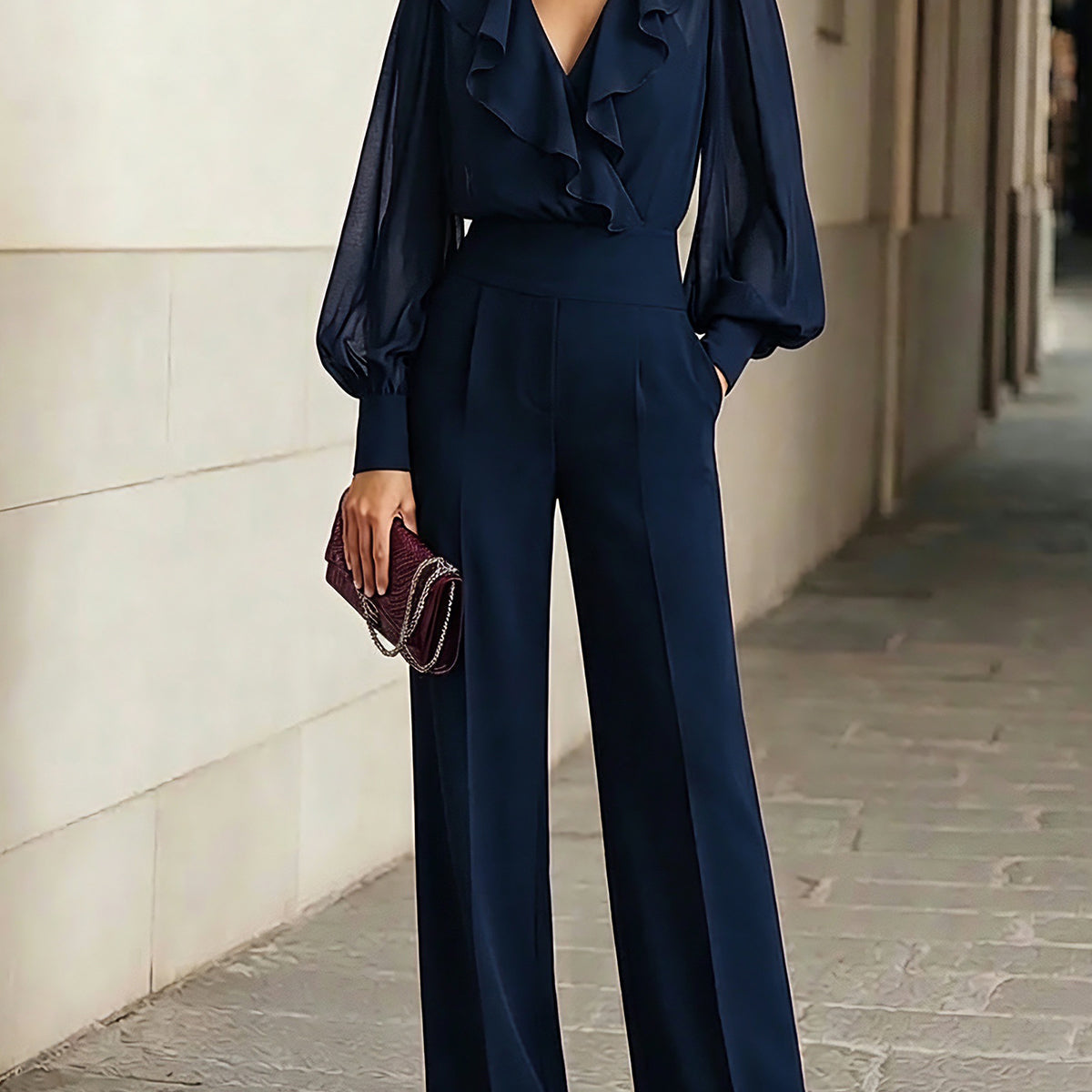 Navy Blue Ruffled Chiffon Top And Wide-leg Pants Two-piece Set